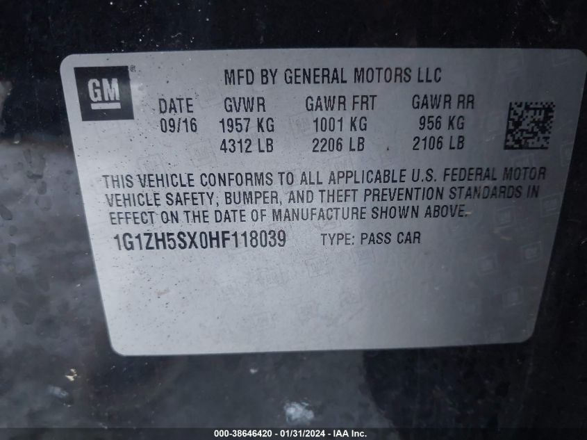 2017 CHEVROLET MALIBU PREMIER - 1G1ZH5SX0HF118039