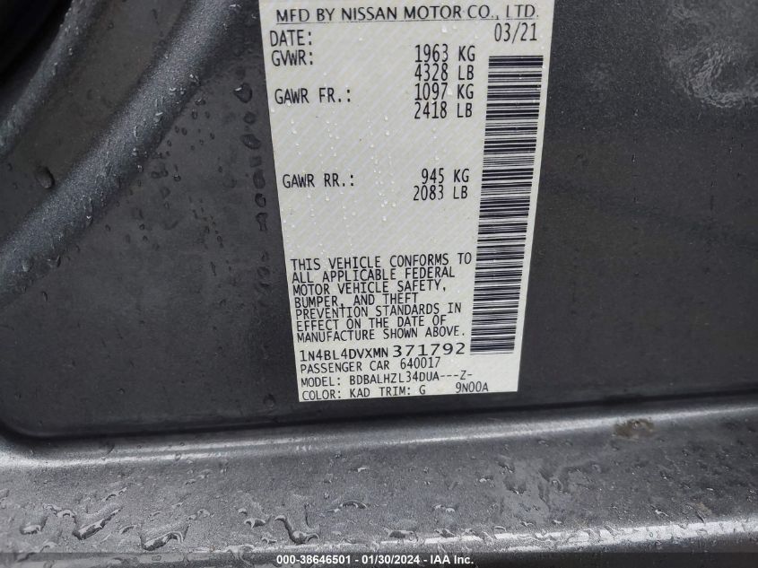 2021 NISSAN ALTIMA SV - 1N4BL4DVXMN371792
