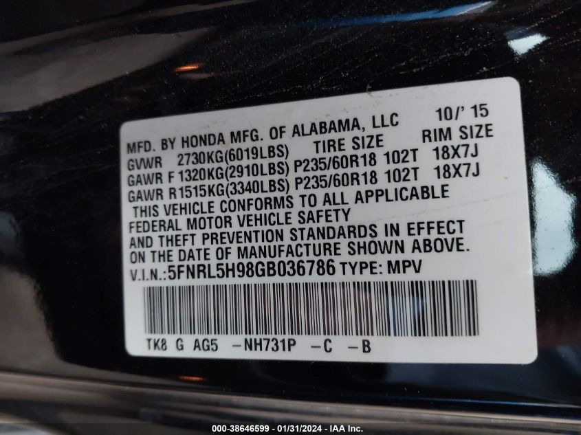 2016 HONDA ODYSSEY TOURING/TOURING ELITE - 5FNRL5H98GB036786