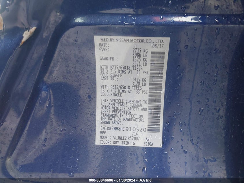 VIN 5N1DR2MM8HC910520 2017 NISSAN PATHFINDER SV