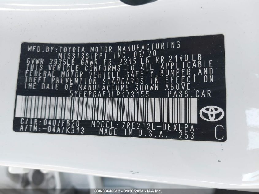 2020 TOYOTA COROLLA LE - 5YFEPRAE3LP123155