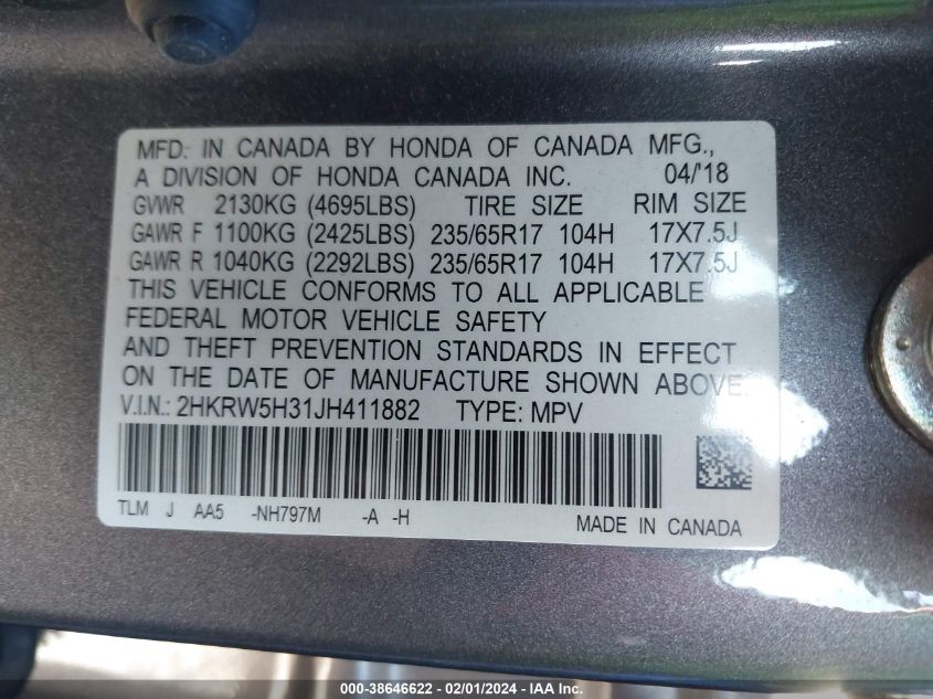 2018 HONDA CR-V LX - 2HKRW5H31JH411882