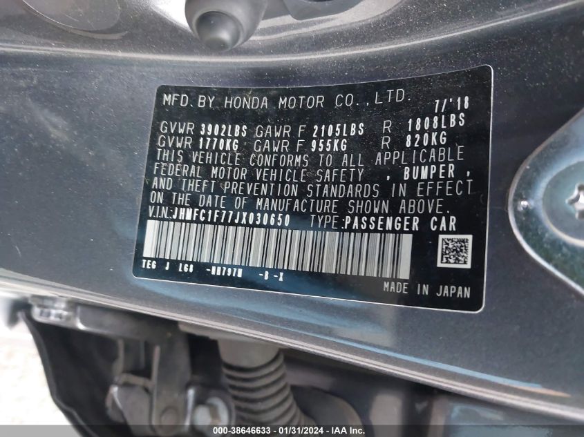 2018 HONDA CIVIC EX-L - JHMFC1F77JX030650