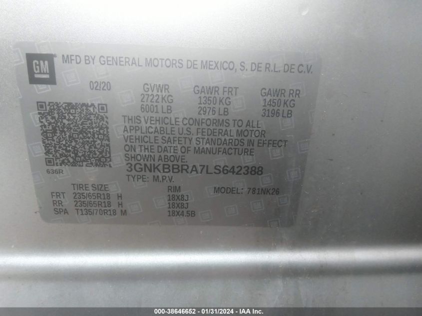 2020 CHEVROLET BLAZER FWD 1LT - 3GNKBBRA7LS642388