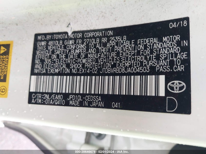 VIN JTDBVRBD8JA004503 2018 TOYOTA MIRAI