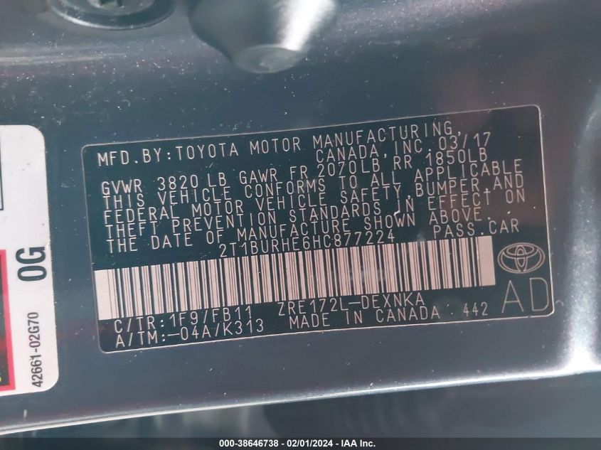 2017 TOYOTA COROLLA LE - 2T1BURHE6HC877224