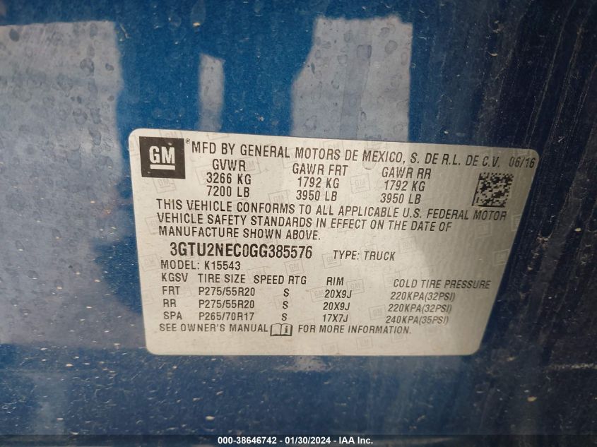 2016 GMC SIERRA 1500 K1500 SLT - 3GTU2NEC0GG385576