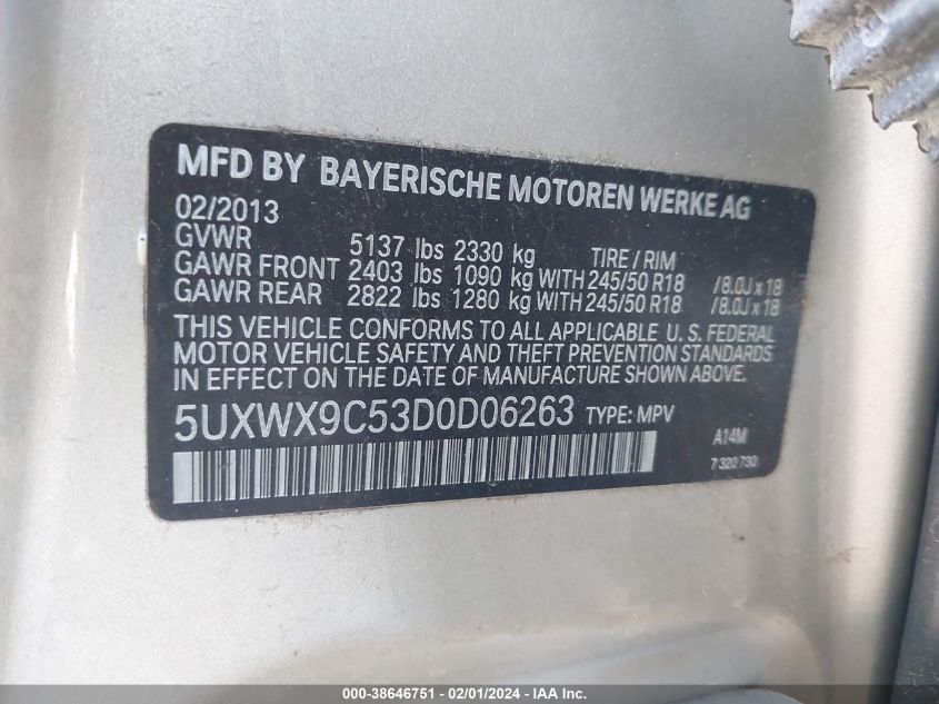2013 BMW X3 XDRIVE28I - 5UXWX9C53D0D06263