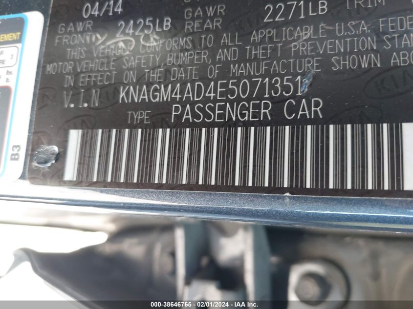 2014 KIA OPTIMA HYBRID LX - KNAGM4AD4E5071351