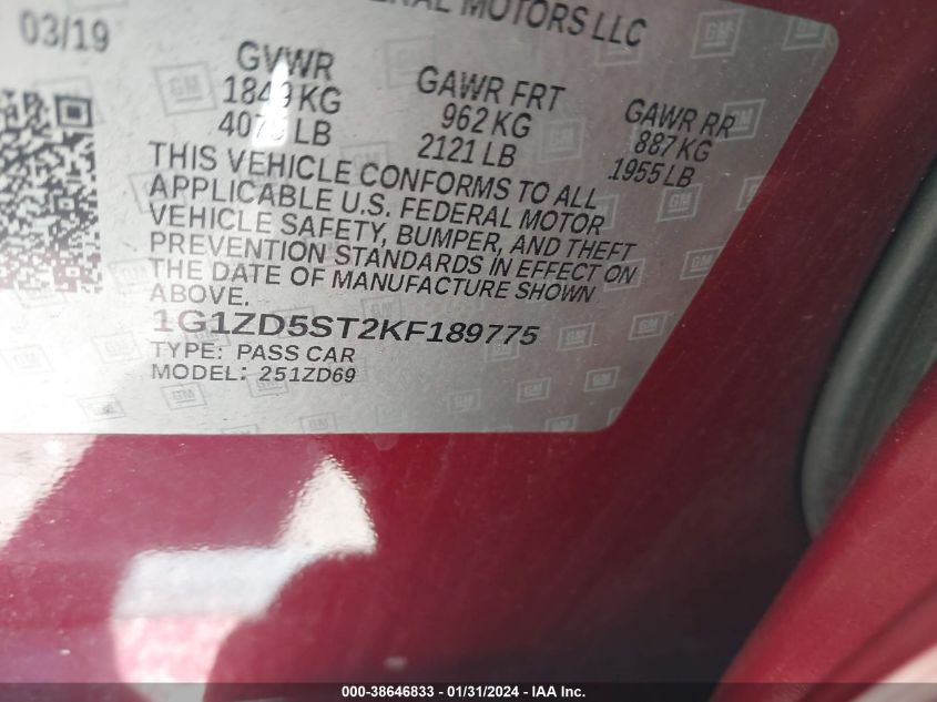 2019 CHEVROLET MALIBU LT - 1G1ZD5ST2KF189775