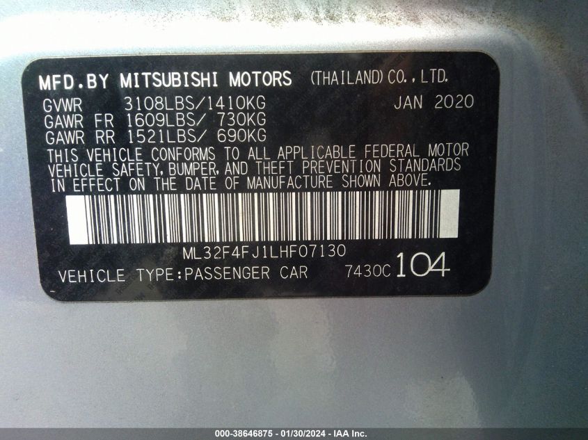 2020 MITSUBISHI MIRAGE G4 LE - ML32F4FJ1LHF07130