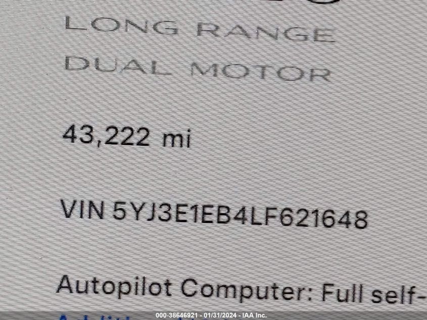 2020 TESLA MODEL 3 LONG RANGE DUAL MOTOR ALL-WHEEL DRIVE - 5YJ3E1EB4LF621648