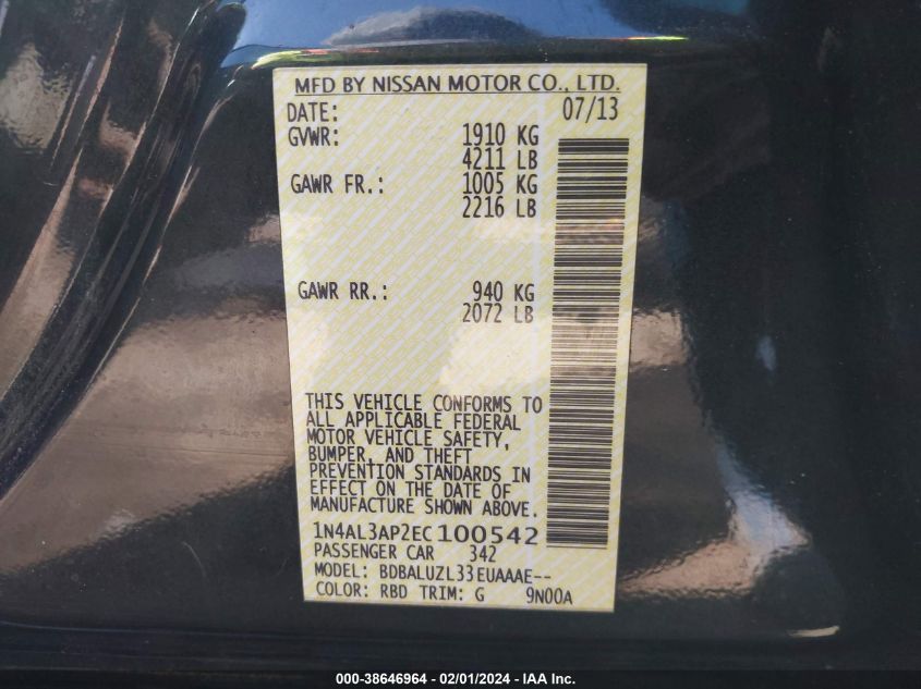 2014 NISSAN ALTIMA 2.5/S/SV/SL - 1N4AL3AP2EC100542