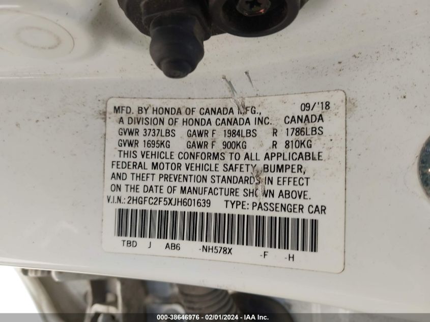 2018 HONDA CIVIC LX - 2HGFC2F5XJH601639