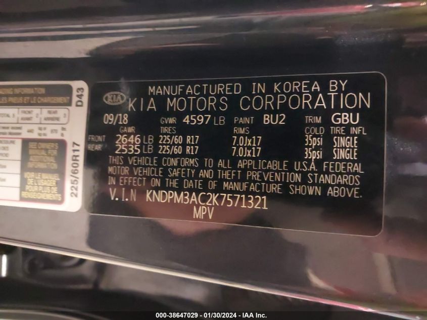 2019 KIA SPORTAGE LX - KNDPM3AC2K7571321