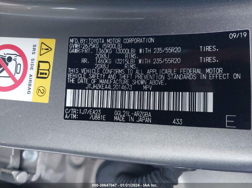 2020 LEXUS RX 350L JTJHZKEA4L2014673