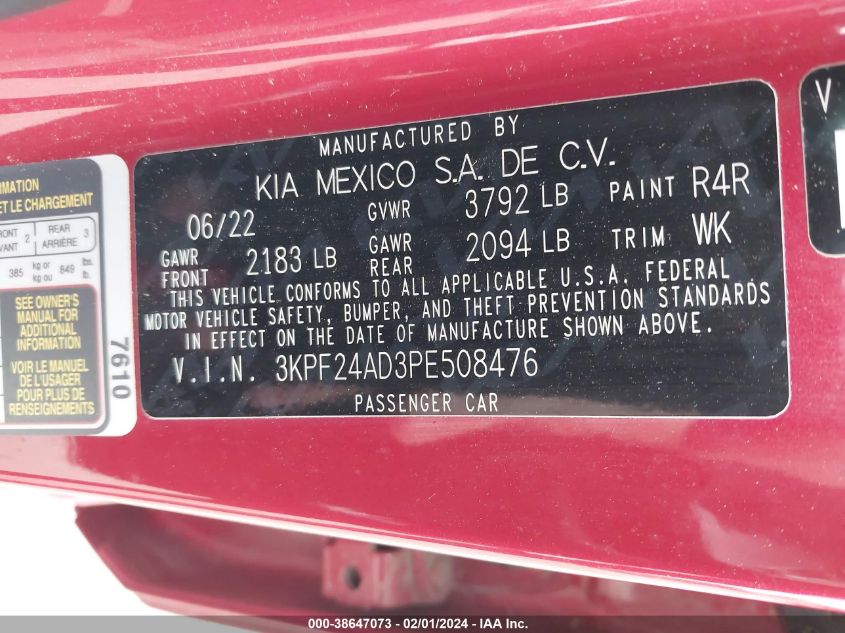 2023 KIA FORTE LX/LXS - 3KPF24AD3PE508476