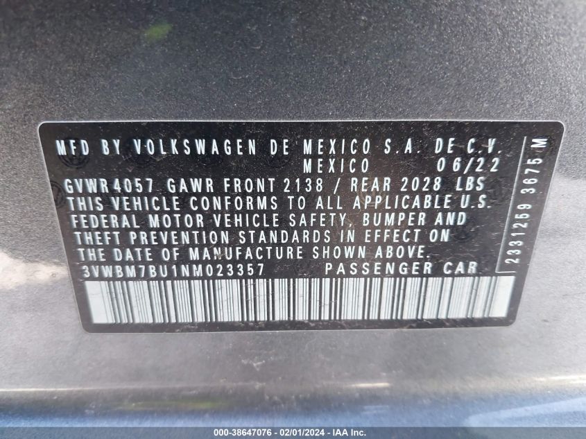 2022 VOLKSWAGEN JETTA SPORT - 3VWBM7BU1NM023357