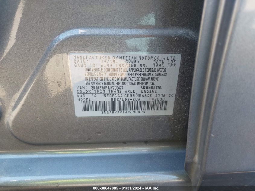 2018 NISSAN SENTRA SV - 3N1AB7AP1JY290424