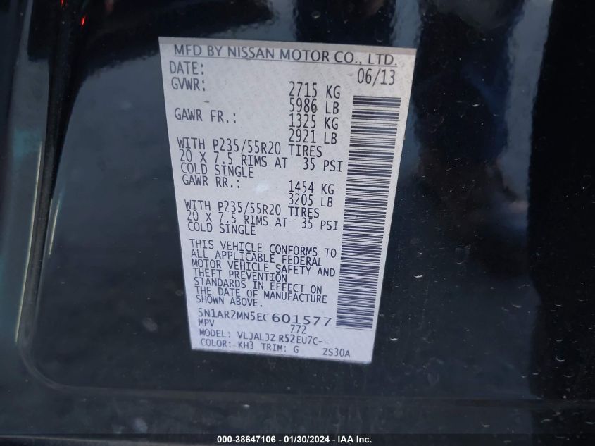 2014 NISSAN PATHFINDER PLATINUM - 5N1AR2MN5EC601577