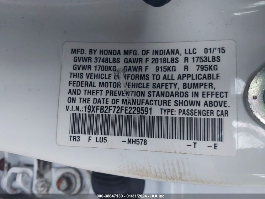 2015 HONDA CIVIC SE - 19XFB2F72FE229591