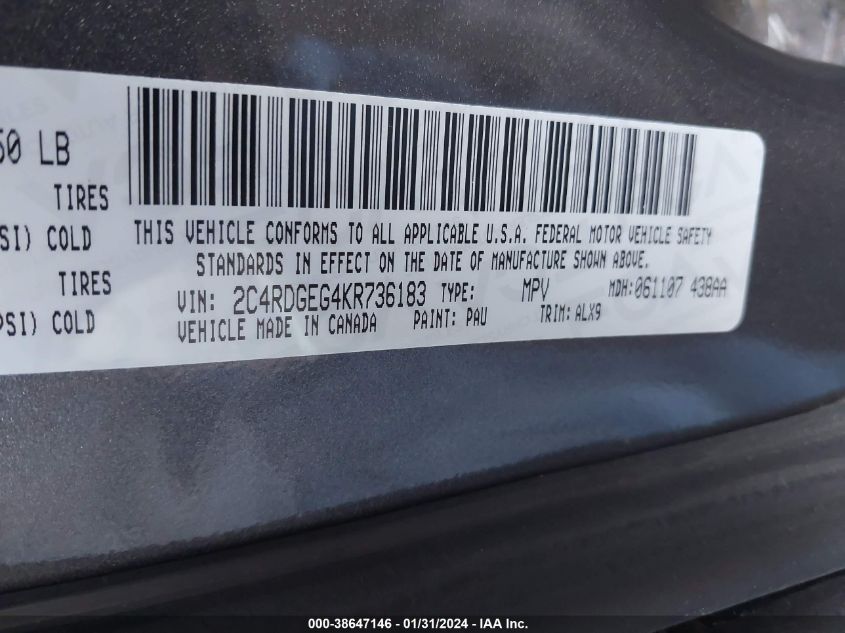 2019 DODGE GRAND CARAVAN GT - 2C4RDGEG4KR736183