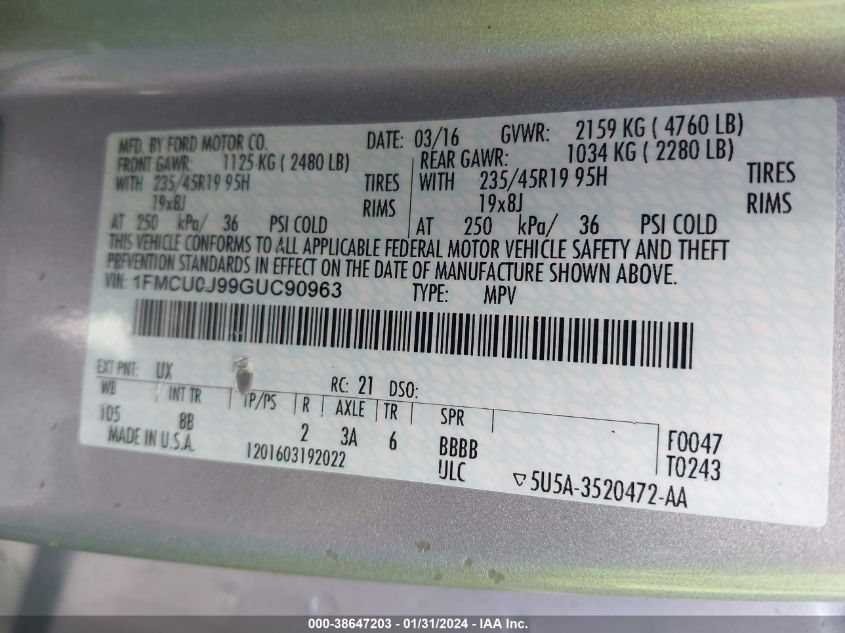 2016 FORD ESCAPE TITANIUM - 1FMCU0J99GUC90963