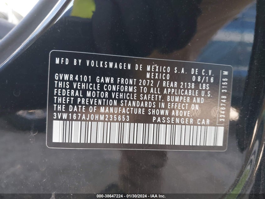 VIN 3VW167AJ0HM235653 2017 VOLKSWAGEN JETTA 1.4T S