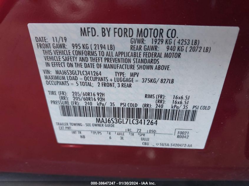 2020 FORD ECOSPORT SE - MAJ6S3GL7LC341264