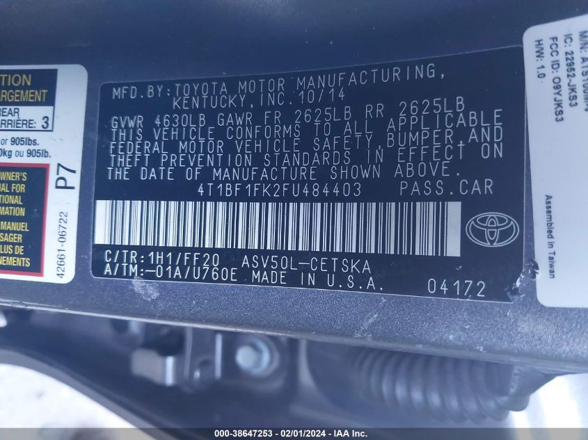 2015 TOYOTA CAMRY LE/XLE/SE/XSE - 4T1BF1FK2FU484403