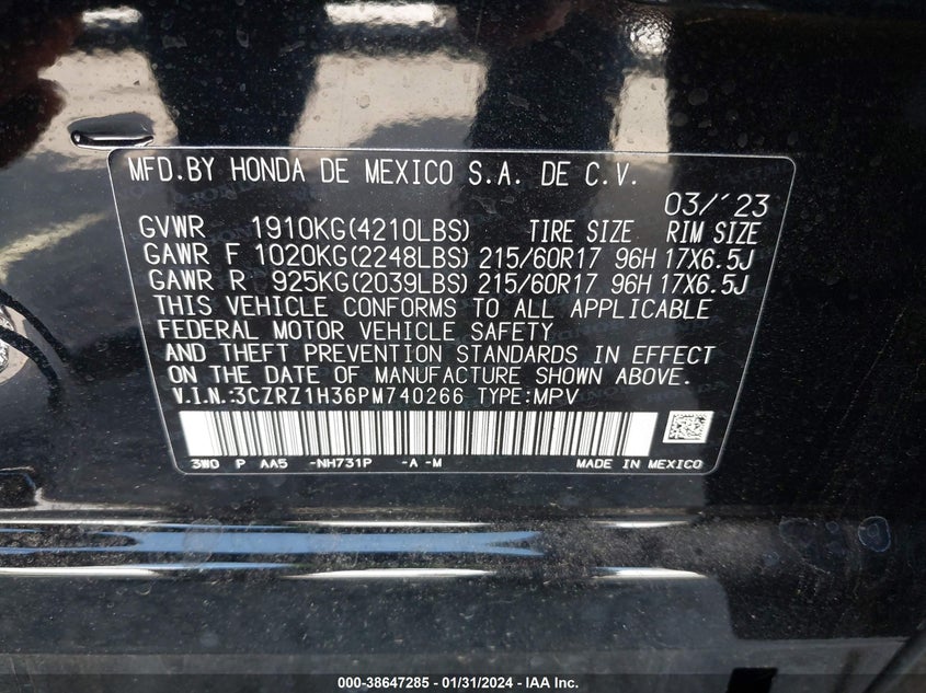 VIN 3CZRZ1H36PM740266 2023 HONDA HR-V 2WD LX