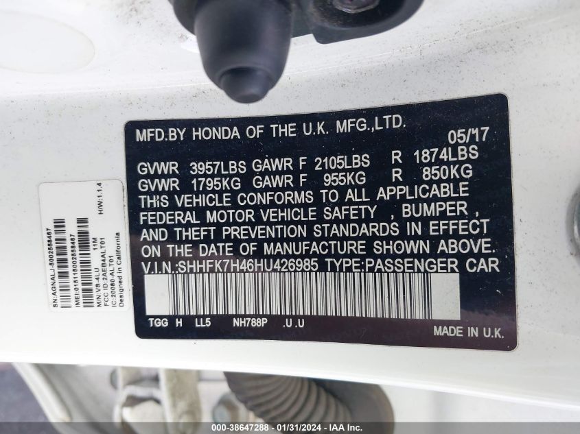 2017 HONDA CIVIC SPORT - SHHFK7H46HU426985