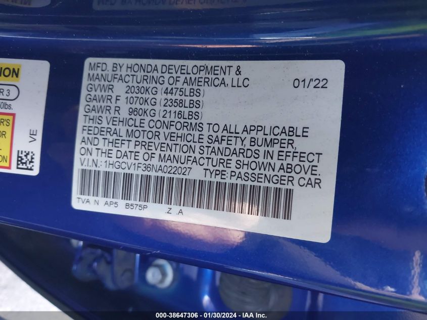 2022 HONDA ACCORD SPORT - 1HGCV1F36NA022027