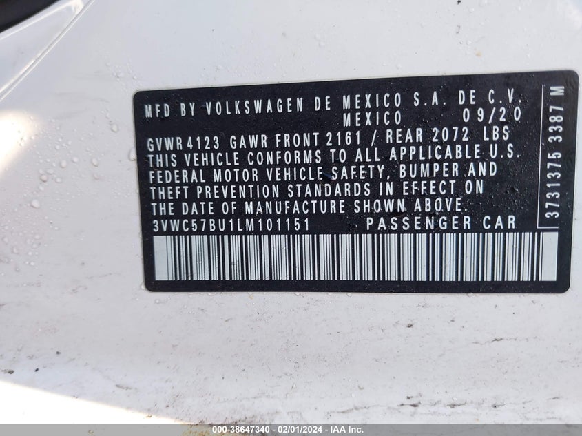 VIN 3VWC57BU1LM101151 2020 VOLKSWAGEN JETTA S/SE/R-LINE