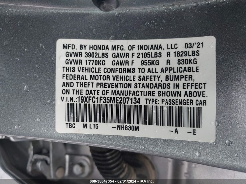 2021 HONDA CIVIC EX - 19XFC1F35ME207134