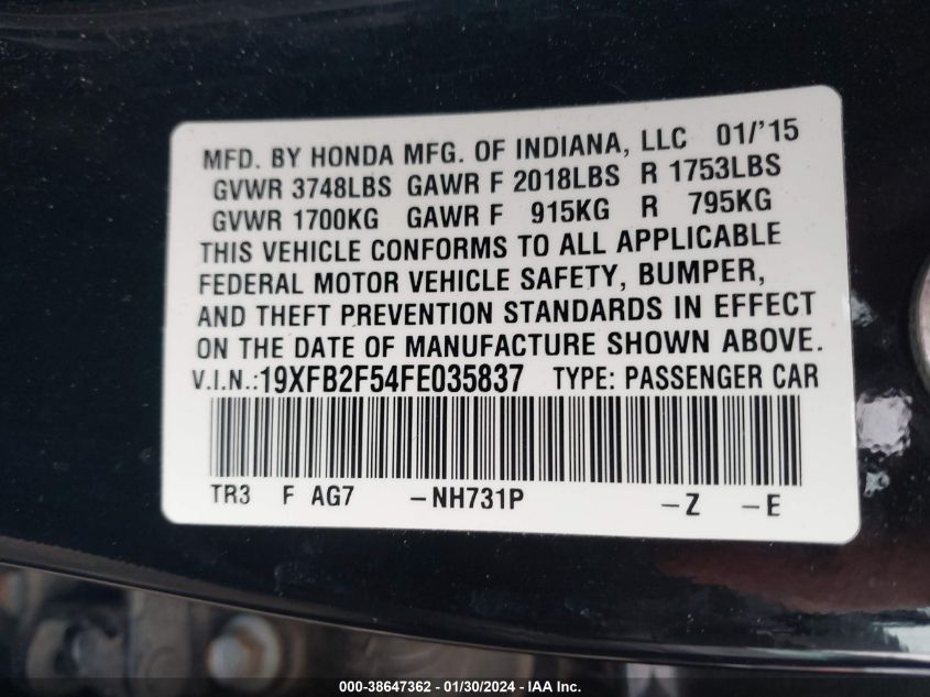 2015 HONDA CIVIC LX - 19XFB2F54FE035837