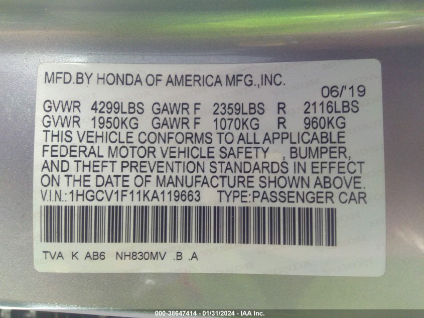 2019 HONDA ACCORD LX - 1HGCV1F11KA119663