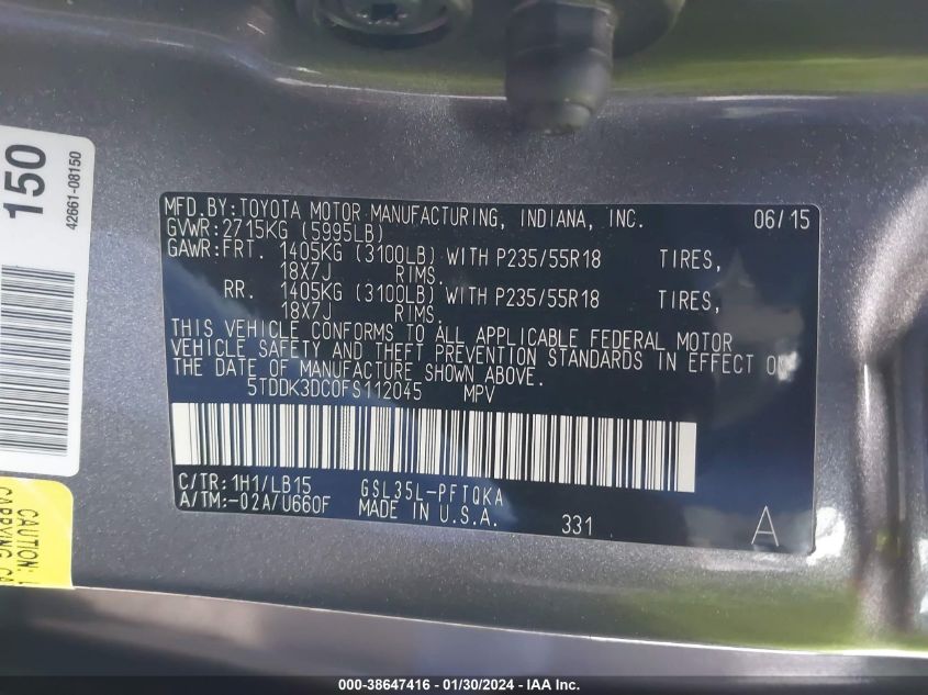 2015 TOYOTA SIENNA LIMITED PREMIUM 7 PASSENGER - 5TDDK3DC0FS112045