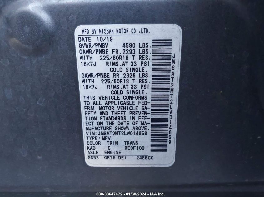 2020 NISSAN ROGUE SV FWD - JN8AT2MT2LW014659