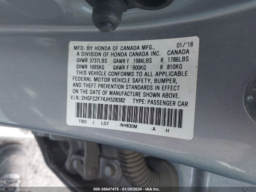 2018 HONDA CIVIC EX - 2HGFC2F74JH528382
