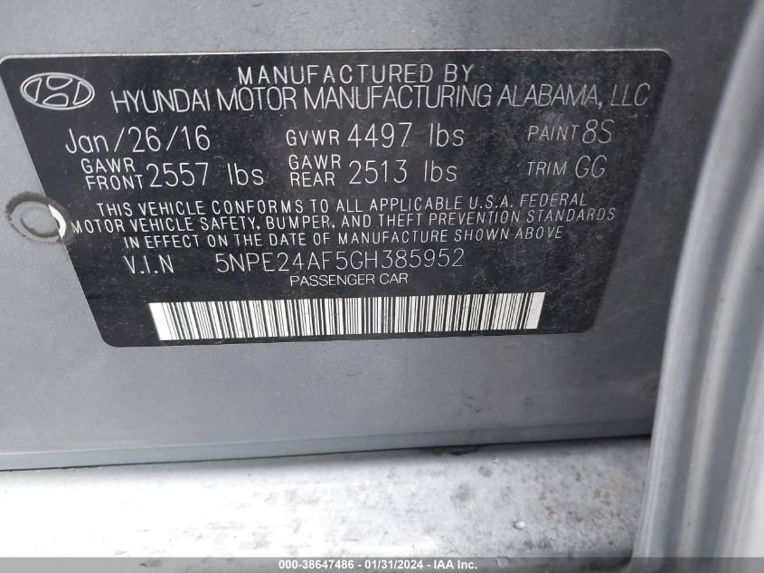 2016 HYUNDAI SONATA - 5NPE24AF5GH385952