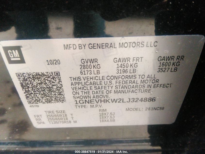 2020 CHEVROLET TRAVERSE AWD LT LEATHER - 1GNEVHKW2LJ324886