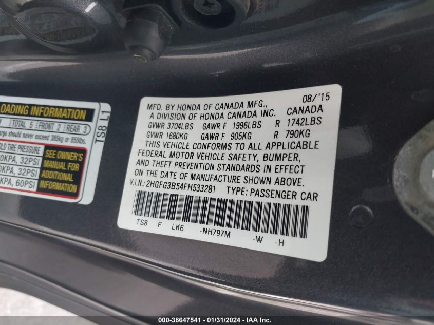 2015 HONDA CIVIC LX - 2HGFG3B54FH533281