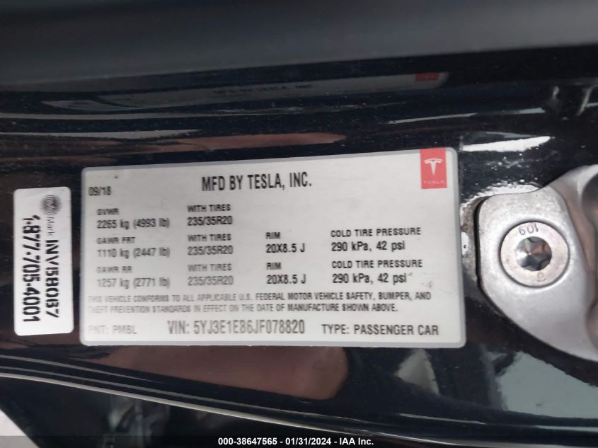 2018 TESLA MODEL 3 - 5YJ3E1EB6JF078820