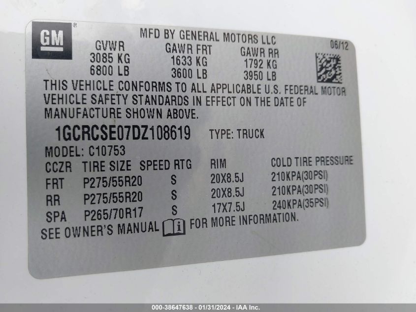 2013 CHEVROLET SILVERADO 1500 LT - 1GCRCSE07DZ108619