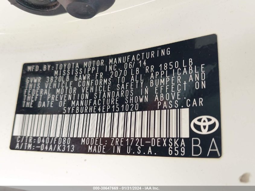 2014 TOYOTA COROLLA L/LE/LE PLS/PRM/S/S PLS - 5YFBURHE4EP151020