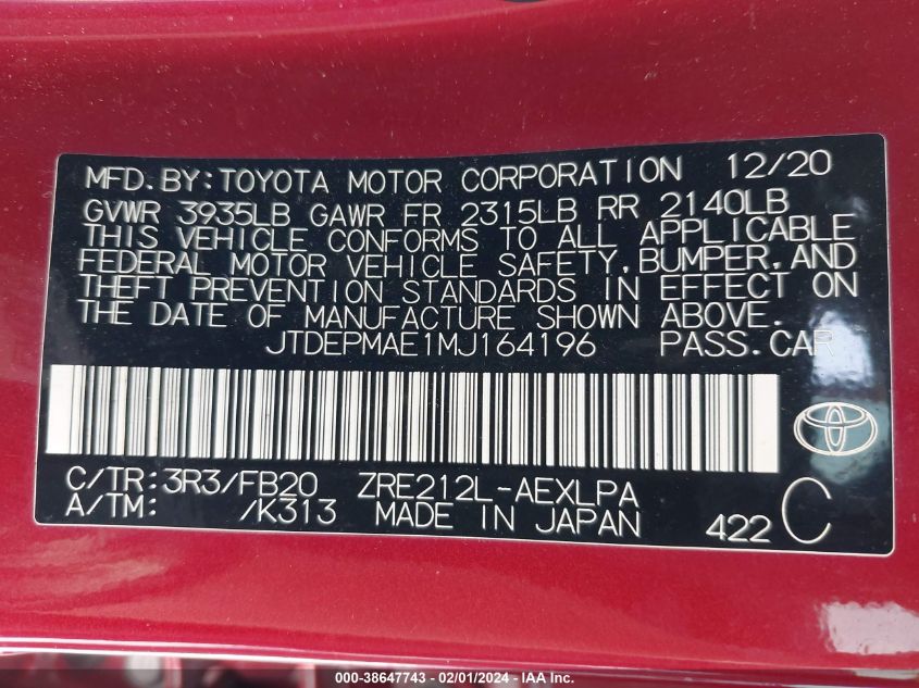 2021 TOYOTA COROLLA LE - JTDEPMAE1MJ164196