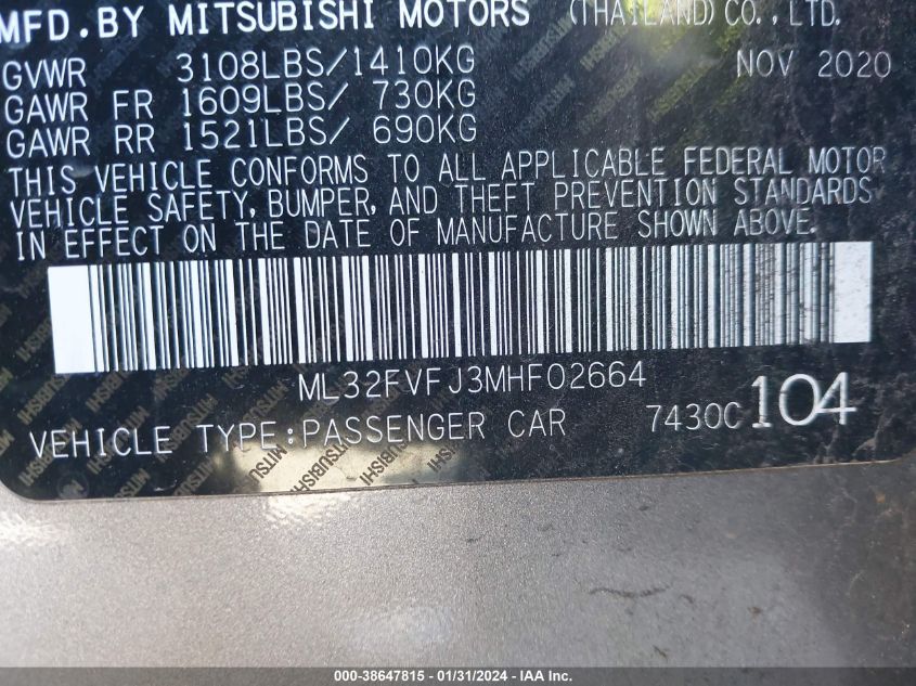2021 MITSUBISHI MIRAGE G4 G4 SE - ML32FVFJ3MHF02664