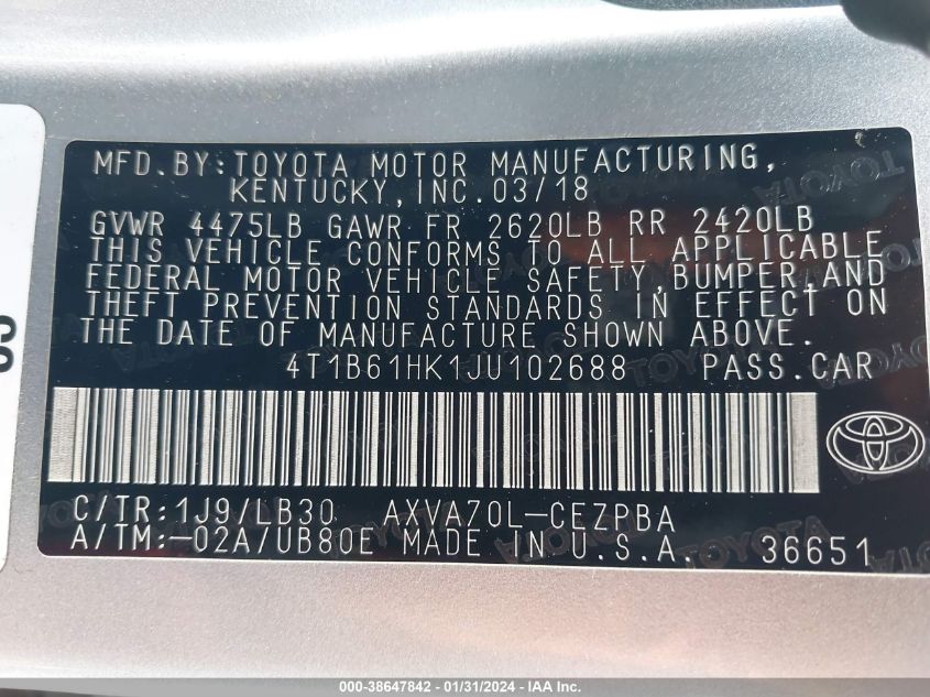 2018 TOYOTA CAMRY XSE - 4T1B61HK1JU102688