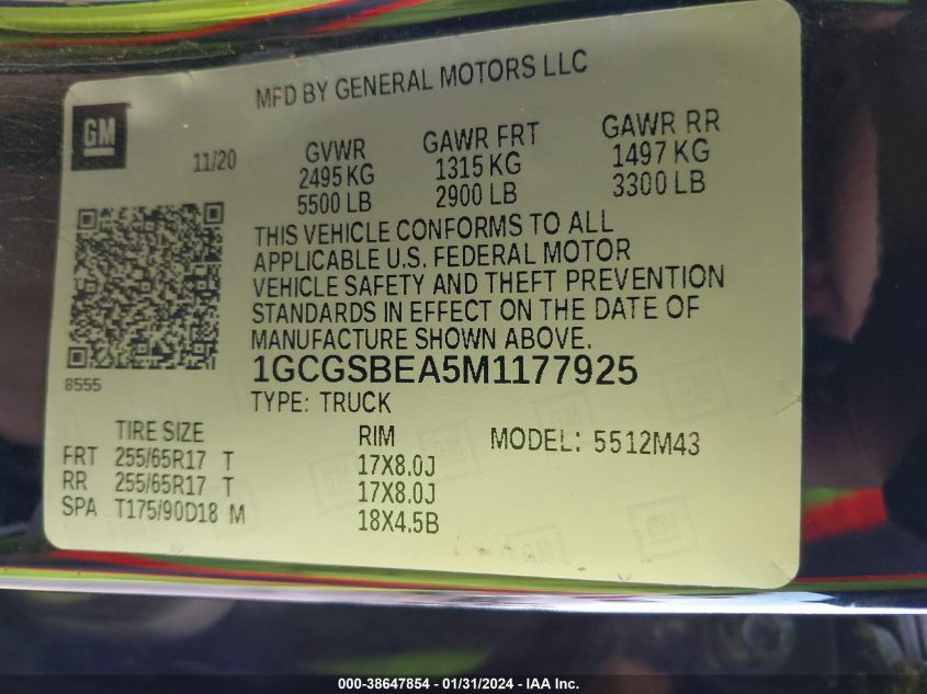 2021 CHEVROLET COLORADO 2WD  SHORT BOX WT - 1GCGSBEA5M1177925